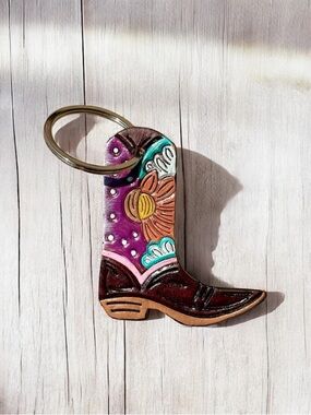 Hand Painted Cowboy Boot Keychain - Floral Accent